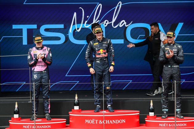 AUTO - FORMULA 2 2026 - MONACO TSOLOV Nikola (bul), Campos Racing, Dallara F2 2024, portrait, DUNNE Alex (irl), Rodin Motorsport, Dallara F2 2024, portrait and BEGANOVIC Dino (swe), DAMS Lucas Oil, Dallara F2 2024, portrait podium celebration during the 4th round of the 2026 FIA Formula 2 Championship from June 5 to 7, 2026 on the Circuit de Monaco, in Monte-Carlo, Monaco - Monte-CarloMonaco  Copyright: xEricxAlonsox