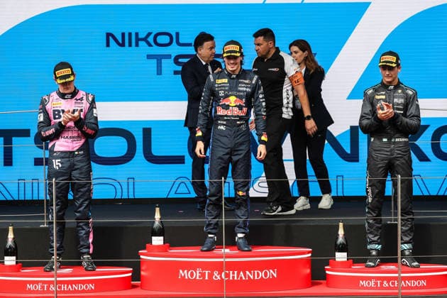 AUTO - FORMULA 2 2026 - MONACO TSOLOV Nikola (bul), Campos Racing, Dallara F2 2024, portrait, DUNNE Alex (irl), Rodin Motorsport, Dallara F2 2024, portrait and BEGANOVIC Dino (swe), DAMS Lucas Oil, Dallara F2 2024, portrait podium celebration during the 4th round of the 2026 FIA Formula 2 Championship from June 5 to 7, 2026 on the Circuit de Monaco, in Monte-Carlo, Monaco - Monte-CarloMonaco  Copyright: xEricxAlonsox
