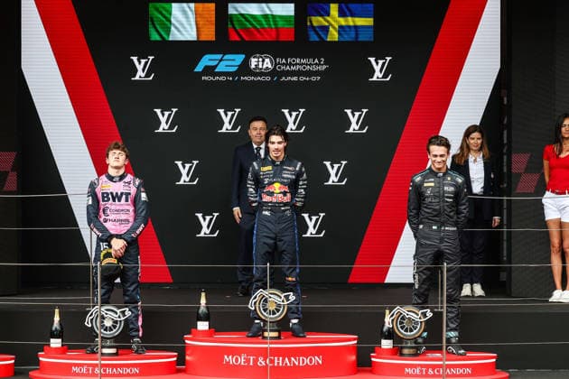 AUTO - FORMULA 2 2026 - MONACO TSOLOV Nikola (bul), Campos Racing, Dallara F2 2024, portrait, DUNNE Alex (irl), Rodin Motorsport, Dallara F2 2024, portrait and BEGANOVIC Dino (swe), DAMS Lucas Oil, Dallara F2 2024, portrait podium celebration during the 4th round of the 2026 FIA Formula 2 Championship from June 5 to 7, 2026 on the Circuit de Monaco, in Monte-Carlo, Monaco - Monte-CarloMonaco  Copyright: xEricxAlonsox
