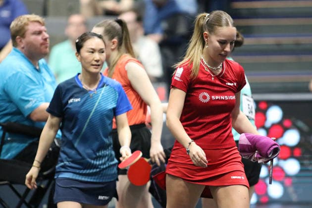 Winner semi-final Annett Kaufmann with doubles partner Xiaona Shan GER Erfurt TT Finals 2026 German Championships, Table Tennis Exhibition Hall Erfurt 07 06 2026 GER Erfurt TT Finals 2026 German Championships, Table Tennis Exhibition Hall Erfurt 07 06 2026 Thuringia German Championships 06 06 2026 Erfurt Copyright: xEibner-Pressefoto JoergxHirschx EP_JHH