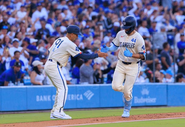 June 6, 2026, Los Angeles, California, USA: Andy Pages 44 of the Los Angeles Dodgers is congratulated by third base coach, Dino Ebel 91 after hitting a home run during a regular season MLB, Baseball Herren, USA game against the Los Angeles Angels on Saturday June 6, 2026 at Dodger Stadium in Los Angeles, California. Dodgers defeat Angels, 9-2. JAVIER ROJAS PI Dodgers Defeat Angels, 9-2  - ZUMAp124 20260606_zaa_p124_065 Copyright: xJavierxRojasx