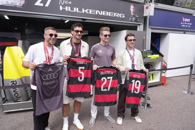 07 06 2026, Circuit de Monaco, Monte Carlo, Formula 1 Louis Vuitton Grand Prix Monaco 2026 ,in the picture footballer Lukas Podolski, footballer Mats Hummels, Nico Hülkenberg DEU , Audi Revolut F1 Team, footballer Mario Götze Photo by Hasan Bratic DeFodi Images