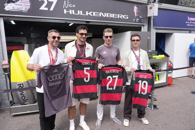 07 06 2026, Circuit de Monaco, Monte Carlo, Formula 1 Louis Vuitton Grand Prix Monaco 2026 ,in the picture footballer Lukas Podolski, footballer Mats Hummels, Nico Hülkenberg DEU , Audi Revolut F1 Team, footballer Mario Götze Photo by Hasan Bratic DeFodi Images