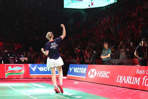 (260607) -- JAKARTA, June 7, 2026 -- Alexandra Boje celebrates after winning the mixed doubles final between Cheng Xing Zhang Chi of China and Mathias Christiansen Alexandra Boje of Denmark at the Indonesia Open 2026 badminton tournament in Jakarta, Indonesia, June 7, 2026. ) (SP)INDONESIA-JAKARTA-BADMINTON-INDONESIA OPEN-MIXED DOUBLES-FINAL CenxYunpeng 
