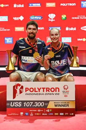 (260607) -- JAKARTA, June 7, 2026 -- Mathias Christiansen (L) Alexandra Boje pose for photos during the awarding ceremony for the mixed doubles event at the Indonesia Open 2026 badminton tournament in Jakarta, Indonesia, June 7, 2026. ) (SP)INDONESIA-JAKARTA-BADMINTON-INDONESIA OPEN-MIXED DOUBLES-FINAL VerixSanovri 