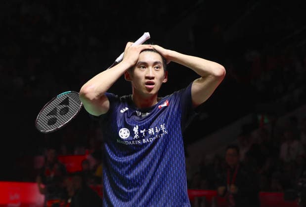 (260607) -- JAKARTA, June 7, 2026 -- Victor Lai reacts after winning the men s singles final match between Jonatan Christie of Indonesia and Victor Lai of Canada at the Indonesia Open 2026 badminton tournament in Jakarta, Indonesia, June 7, 2026. ) (SP)INDONESIA-JAKARTA-BADMINTON-INDONESIA OPEN-MEN S SINGLES-FINAL CenxYunpeng 