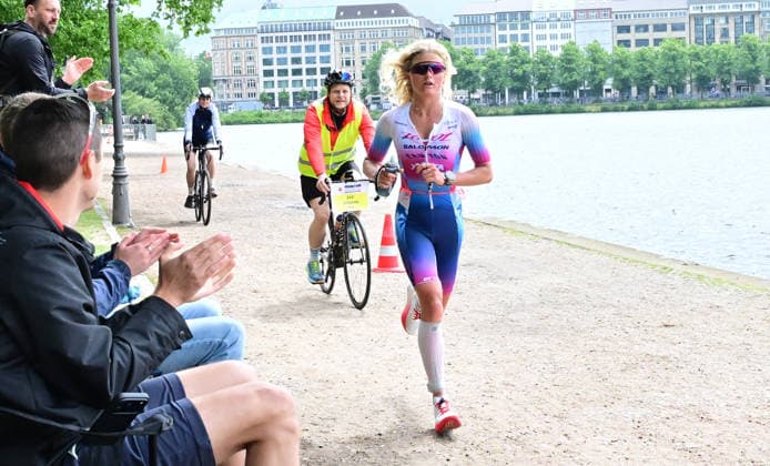 GER Ironman Hamburg 07 06 2026, GER Ironman Hamburg, Elite Women in the picture Marjolaine PierrÃ FRA running at the Binnenalster nordphotoxGmbH xWitke nph00002