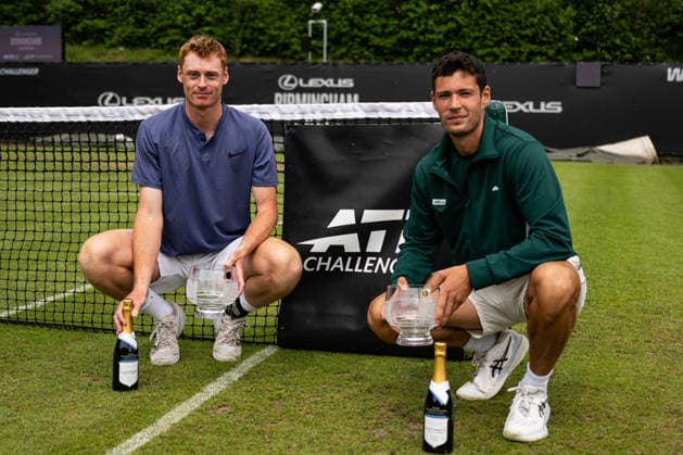 RECORD DATE NOT STATED 7th June 2026; The Edgbaston Priory Club, Birmingham, Midlands, England; 2026 Lexus Birmingham Open Tennis, Day Eight; Joshua Paris (GBR) and Ben Jones (GBR)celebrate winning the Mens Doubles against Anirudh Chandrasekar (IND) and Takeru Yuzuki (JAP) 6-4 7-6 GodfreyxPitt