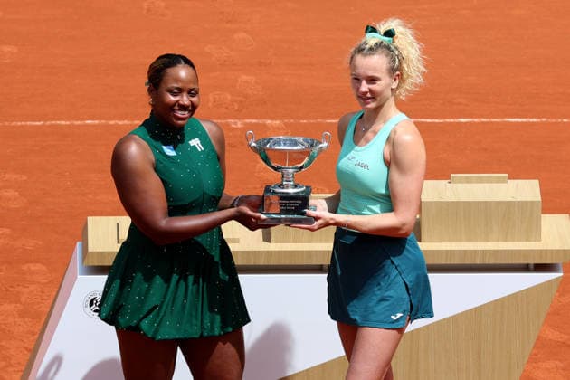 RECORD DATE NOT STATED 7th June 2026; Roland Garros, Paris, France; 2026 French Open Tennis, Day 20; Taylor Townsend (USA) &amp; Katerina Siniakova (CZE) with the trophy after winning the ladies doubles JonxBromley