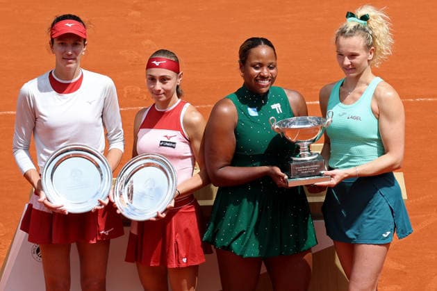 RECORD DATE NOT STATED 7th June 2026; Roland Garros, Paris, France; 2026 French Open Tennis, Day 20; Anna Danilina (KAZ), Aleksandra Krunic (SRB), Taylor Townsend (USA) , Katerina Siniakova (CZE) with their winners trophies JonxBromley