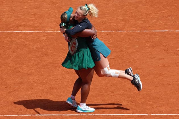 RECORD DATE NOT STATED 7th June 2026; Roland Garros, Paris, France; 2026 French Open Tennis, Day 20; Taylor Townsend (USA) &amp; Katerina Siniakova (CZE) celebrates their win in the ladies doubles final JonxBromley