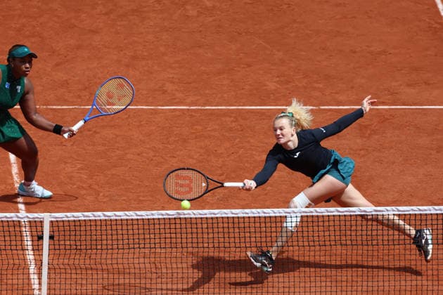 RECORD DATE NOT STATED 7th June 2026; Roland Garros, Paris, France; 2026 French Open Tennis, Day 20; The winning moment for Taylor Townsend (USA) &amp; Katerina Siniakova (CZE) during their doubles win JonxBromley