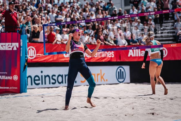 Beach volleyball women Allianz German Beach Tour 2026 Tourstop Berlin 07 06 2026 Melanie Gernert celebrates after the victory Berlin Funkhaus Beach Berlin Germany
