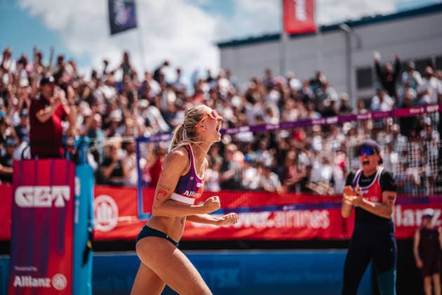 Beach volleyball women Allianz German Beach Tour 2026 Tourstop Berlin 07 06 2026 Nele Barber celebrates after the victory Berlin Funkhaus Beach Berlin Germany