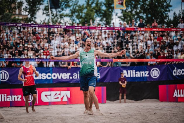 Beach volleyball men Allianz German Beach Tour 2026 Tourstop Berlin 07 06 2026 Jannik Kühlborn celebrates after the victory Berlin Funkhaus Beach Berlin Germany