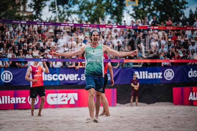 Beach volleyball men Allianz German Beach Tour 2026 Tourstop Berlin 07 06 2026 Jannik Kühlborn celebrates after the victory Berlin Funkhaus Beach Berlin Germany
