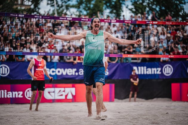 Beach volleyball men Allianz German Beach Tour 2026 Tourstop Berlin 07 06 2026 Jannik Kühlborn celebrates after the victory Berlin Funkhaus Beach Berlin Germany