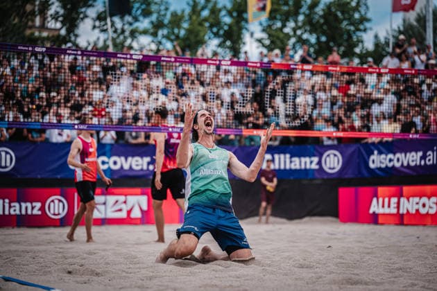 Beach volleyball men Allianz German Beach Tour 2026 Tourstop Berlin 07 06 2026 Jannik Kühlborn celebrates after the victory Berlin Funkhaus Beach Berlin Germany