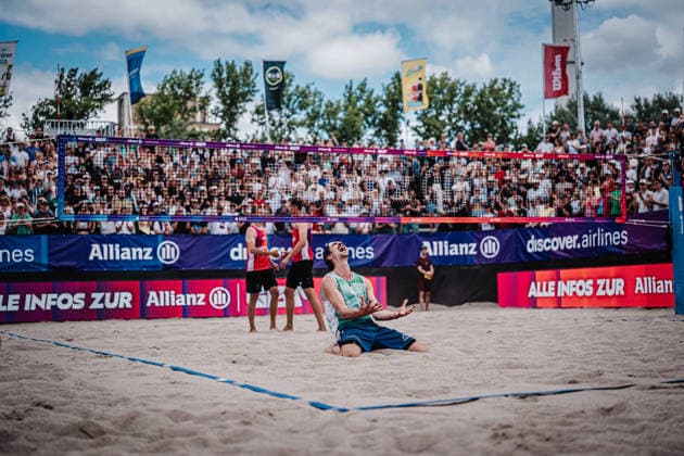 Beach volleyball men Allianz German Beach Tour 2026 Tourstop Berlin 07 06 2026 Jannik Kühlborn celebrates after the victory Berlin Funkhaus Beach Berlin Germany