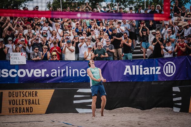 Beach volleyball men Allianz German Beach Tour 2026 Tourstop Berlin 07 06 2026 Jannik Kühlborn celebrates after the victory Berlin Funkhaus Beach Berlin Germany