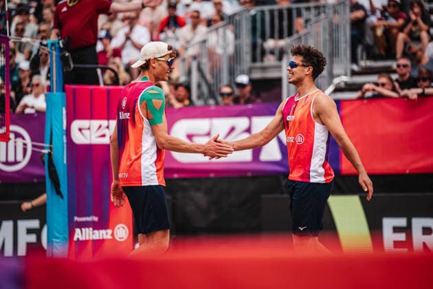 Beach volleyball men Allianz German Beach Tour 2026 Tourstop Berlin 07 06 2026 f l Max Just and Lui Wüst are looking forward to Berlin Funkhaus Beach Berlin Germany