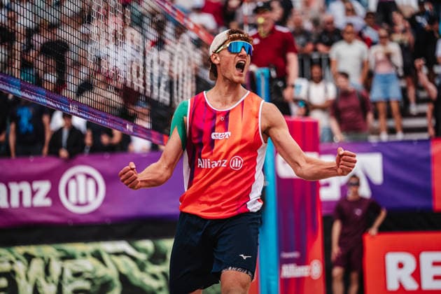 Beach volleyball men Allianz German Beach Tour 2026 Tourstop Berlin 07 06 2026 Max Just celebrates after the victory Berlin Funkhaus Beach Berlin Germany