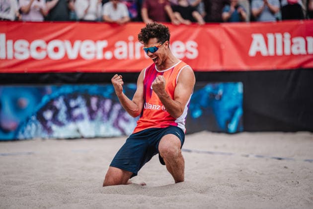 Beach volleyball men Allianz German Beach Tour 2026 Tourstop Berlin 07 06 2026 Lui Wüst celebrates after the victory Berlin Funkhaus Beach Berlin Germany