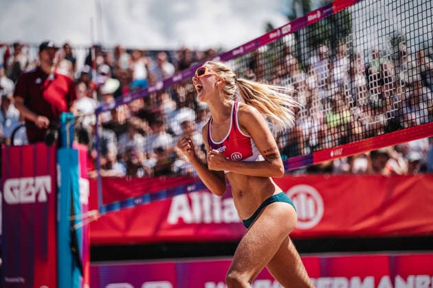 Beach volleyball women Allianz German Beach Tour 2026 Tourstop Berlin 07 06 2026 Nele Barber cheers Berlin Funkhaus Beach Berlin Germany