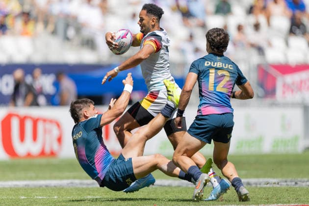 Germany Argentina, SVNS Rugby World Championship Chris Umeh Germany, 7 overrent Pedro De Haro Argentina, 9 and Sebastian Dubuc right Match for 9th place between Germany and Argentina Third tournament of the SVNS World Championship, Sevens Rugby World Cup from June 5 to 7, 2026 in Bordeaux France June 7, 2026 , Bordeaux Region Nouvelle Aquitaine France Stade Atlantique