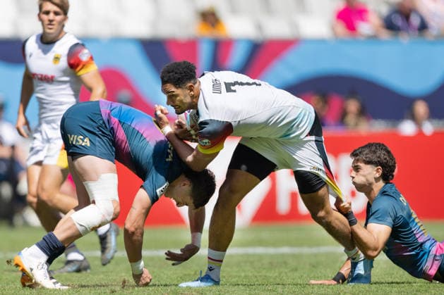 Germany Argentina, SVNS Rugby World Championship Chris Umeh Germany, 7 is tackled by Marcos Moneta Argentina, 13 and Sebastian Dubuc right Match for 9th place between Germany and Argentina Third tournament of the SVNS World Championship, Sevens Rugby World Cup from June 5 to 7, 2026 in Bordeaux France June 7, 2026 , Bordeaux Region Nouvelle Aquitaine France Stade Atlantique