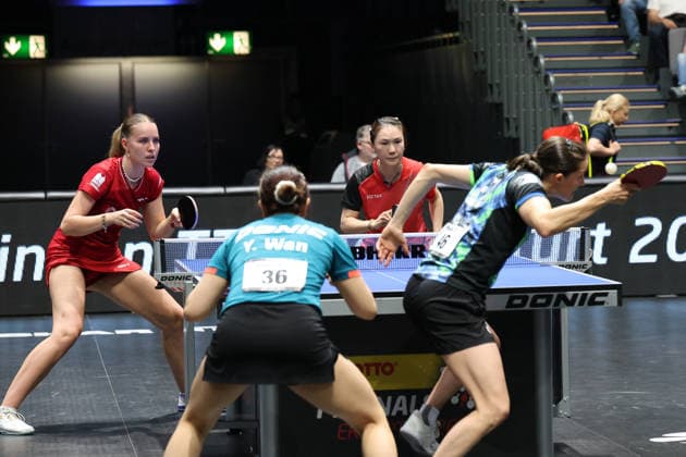Annett Kaufmann with Xiaona Wan in the final against Yuan Wan and Sabine Winter GER Erfurt TT Finals 2026 German Championships, Table Tennis Exhibition Hall Erfurt 07 06 2026 GER Erfurt TT Finals 2026 German Championships, Table Tennis Exhibition Hall Erfurt 07 06 2026 Thuringia German Championships 06 06 2026 Erfurt Copyright: xEibner-Pressefoto JoergxHirschx EP_JHH