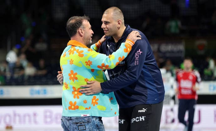 Manager Bob Hanning, goalkeeper Dejan Milosavljev Action upper body Sport Handball HBL Bundesliga Men 34 Matchday Season 2025 2026 07 06 2026 Füchse Berlin vs SG Flensburg Handewitt