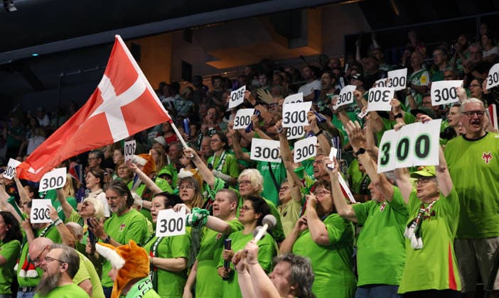 Mathias Gidsel scores his 300th goal, fans with signs, Danish flag Sport Handball HBL Bundesliga Men 34 Matchday Season 2025 2026 07 06 2026 Füchse Berlin vs SG Flensburg Handewitt
