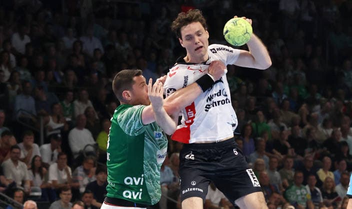 Mijajlo Marsenic, Niclas Kirkeloekke duel Match scene Action Sport Handball HBL Bundesliga Men 34 Matchday Season 2025 2026 07 06 2026 Füchse Berlin vs SG Flensburg Handewitt