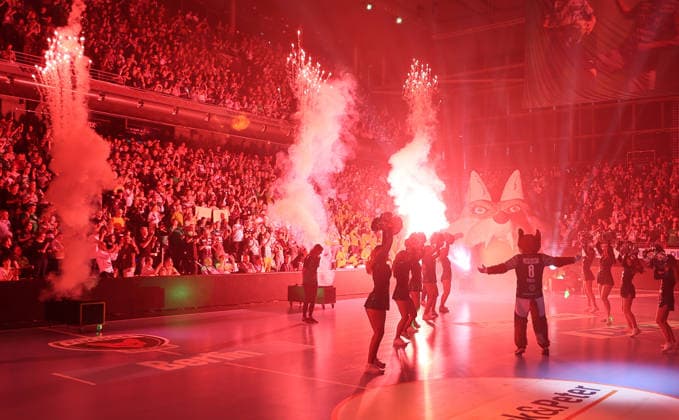 GER HBL Season 2025 2026 FÜCHSE Berlin vs SG Flensburg Handewitt, 07 06 26, Max Schmeling Halle, Berlin, Opening ceremony, PYRO, PYRO PASSION, Fireworks, Dance Deluxe, Mascot FUCHSI