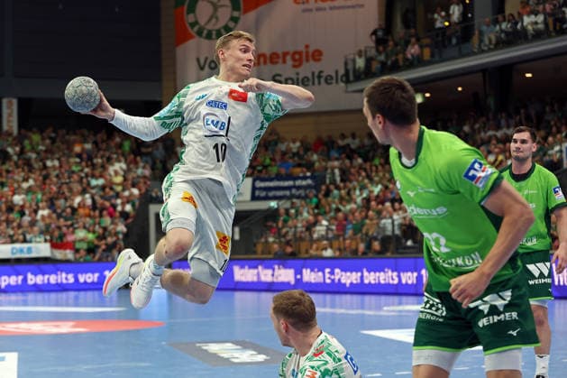 07 06 2026, xovx, Handball Daikin Handball Bundesliga, HSG Wetzlar SC Magedeburg v l Gisli Thorgeir Kristjansson SC Magdeburg , Jona Schoch HSG Wetzlar , Josip Simic HSG Wetzlar Wetzlar Buderus Arena Hessen Germany EN