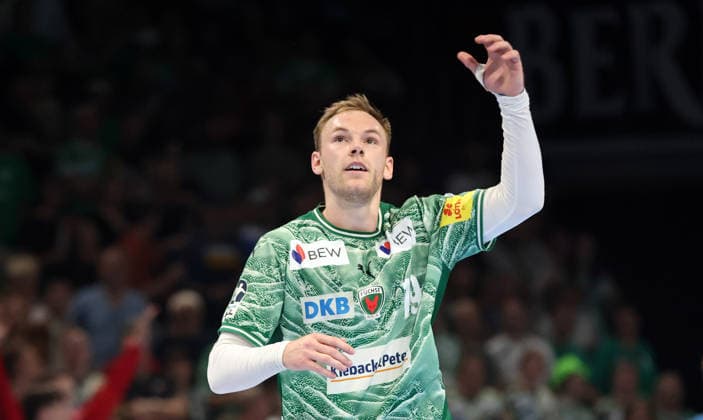 Mathias Gidsel Action Upper body Sport Handball HBL Bundesliga Men 34 Matchday Season 2025 2026 07 06 2026 Füchse Berlin vs SG Flensburg Handewitt