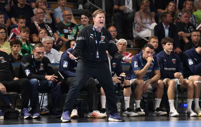 Coach Nicolej Krickau cheers on Single image Crop Action Sport Handball HBL Bundesliga Men 34 Matchday Season 2025 2026 07 06 2026 Füchse Berlin vs SG Flensburg Handewitt