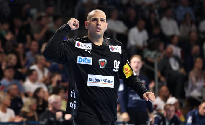 Goalkeeper Dejan Milosavljev celebrates after a save Joy Emotion Cheers Sport Handball HBL Bundesliga Men 34 Matchday Season 2025 2026 07 06 2026 Füchse Berlin vs SG Flensburg Handewitt