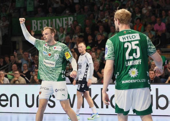 GER HBL season 2025 2026 FÜCHSE Berlin vs SG Flensburg Handewitt, 07 06 26, Max Schmeling Halle, Berlin, Mathias GIDSEL Füchse Berlin 19 , 13 goals in the first half