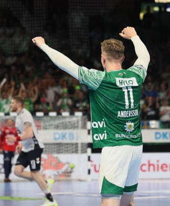GER HBL season 2025 2026 FÜCHSE Berlin vs SG Flensburg Handewitt, 07 06 26, Max Schmeling Halle, Berlin, Lasse Bredekjaer ANDERSSON Füchse Berlin 11 cheers after scoring, Emotion