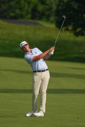 DUBLIN, OH - JUNE 07: J.T. Poston of the United States plays his shot from the 14th fairway during third round of the Memorial Tournament on June 07, 2026 at the Muirfield Village Golf Club in Dublin, Ohio. (Photo by Jason Mowry Icon Sportswire) GOLF: JUN 07 PGA, Golf Herren the Memorial Tournament presented by Workday EDITORIAL USE ONLY Icon260607018