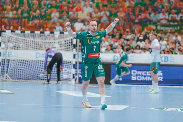 Tomáö Piroch (SC DHfK Leipzig, 7) celebrating goL SC DHfK Leipzig - TSV GWD Minden. Bundesliga, Herren Handball, 25 26, GER, Leipzig, Quarterback Immobilien Arena, Round 34 Leipzig Quarterback Immobilien Arena Sachsen GER Copyright: xBillmanxDubex