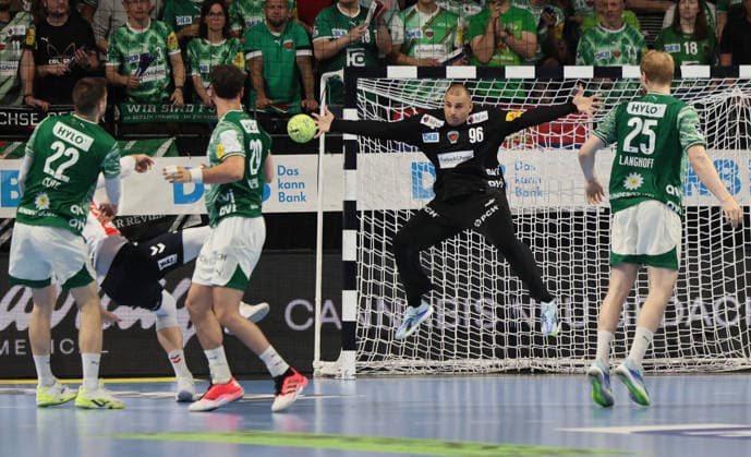 GER HBL Season 2025 2026 FÜCHSE Berlin vs SG Flensburg Handewitt, 07 06 26, Max Schmeling Halle, Berlin, Dejan MILOSAVLJEV Füchse Berlin 96 , Goalkeeper, Parade