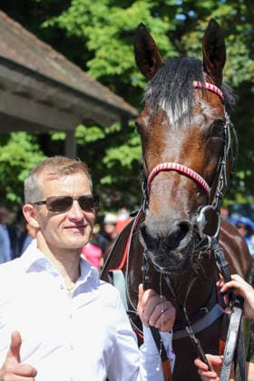 07 06 2026, Iffezheim, Baden Wuerttemberg, GER Alleno with Pascal Jonathan Werning in portrait Galopprennbahn Baden Baden, Iffezheim Horse, Alleno, Werning, Portrait, Portraet 260607B998IFFEZHEIM JPG