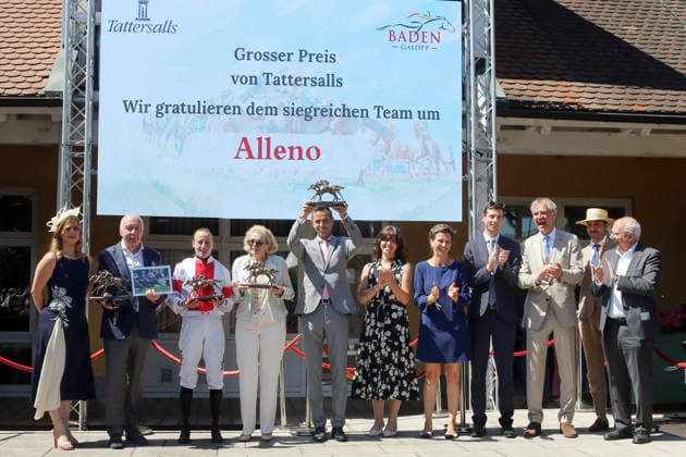 07 06 2026, Iffezheim, Baden Wuerttemberg, GER Award ceremony Alleno with Sibylle Vogt wins the Grand Prix of Tattersalls racecourse Baden Baden, Iffezheim Award ceremony, Alleno, Vogt, victory 260607B999IFFEZHEIM JPG