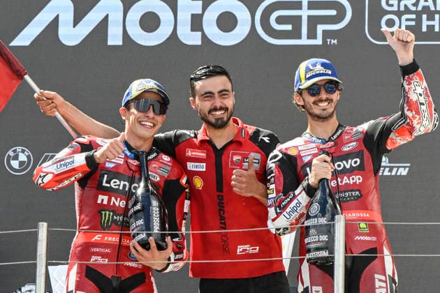 MOTO - MOTO GP - HUNGARY GRAND PRIX 2026 MARQUEZ Marc (spa), Ducati Lenovo Team, Ducati Desmosedici GP26, portrait celebrates his victory on podium with BAGNAIA Francesco (ita), Ducati Lenovo Team, Ducati Desmosedici GP26, portrait during the 2026 MotoGP Grand Prix of Hungary , on Balaton Park circuit, from June 5 to 7, in Hungary - Balaton ParkHungary  Copyright: xGIGIxSOLDANOx