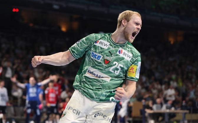 Matthes Langhoff cheers after scoring Joy Emotion Sport Handball HBL Bundesliga Men 34 Matchday Season 2025 2026 07 06 2026 Füchse Berlin vs SG Flensburg Handewitt