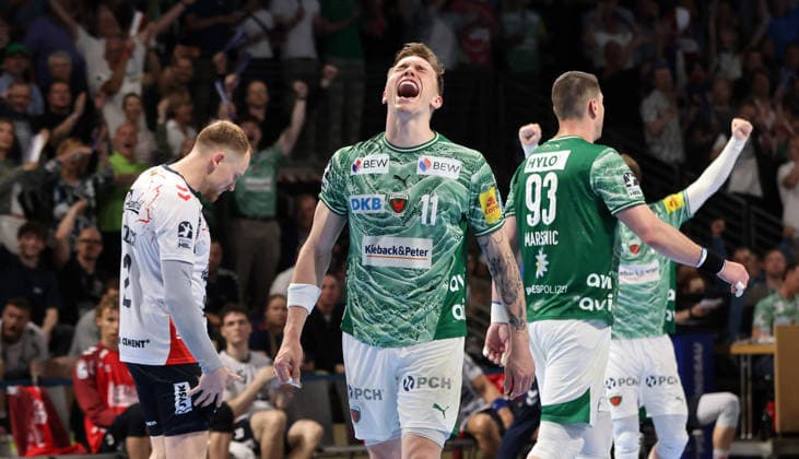 Lasse Andersson celebrates after winning goal and end of game Victory Joy Emotion Cheers Sport Handball HBL Bundesliga Men 34 Matchday Season 2025 2026 07 06 2026 Füchse Berlin vs SG Flensburg Handewitt