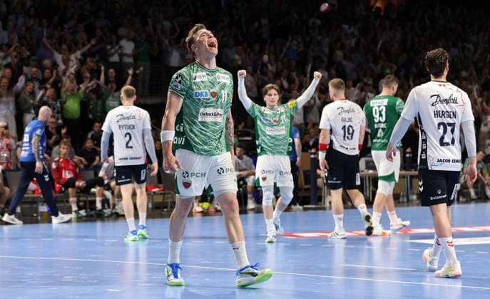 Lasse Andersson celebrates after winning goal and end of game Victory Joy Emotion Cheers Sport Handball HBL Bundesliga Men 34 Matchday Season 2025 2026 07 06 2026 Füchse Berlin vs SG Flensburg Handewitt